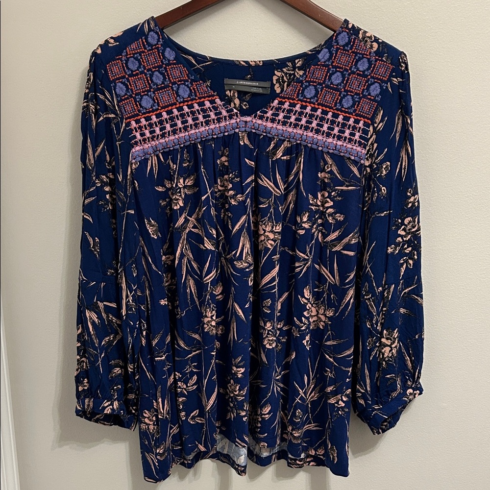 Anthropologie Indigo Floral Peasant Top